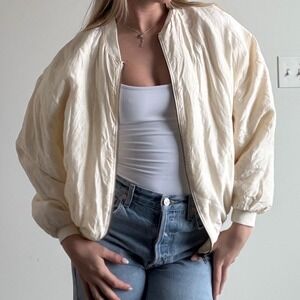 Vintage Moda Ivory 100% Silk Bomber Jacket Size Small
